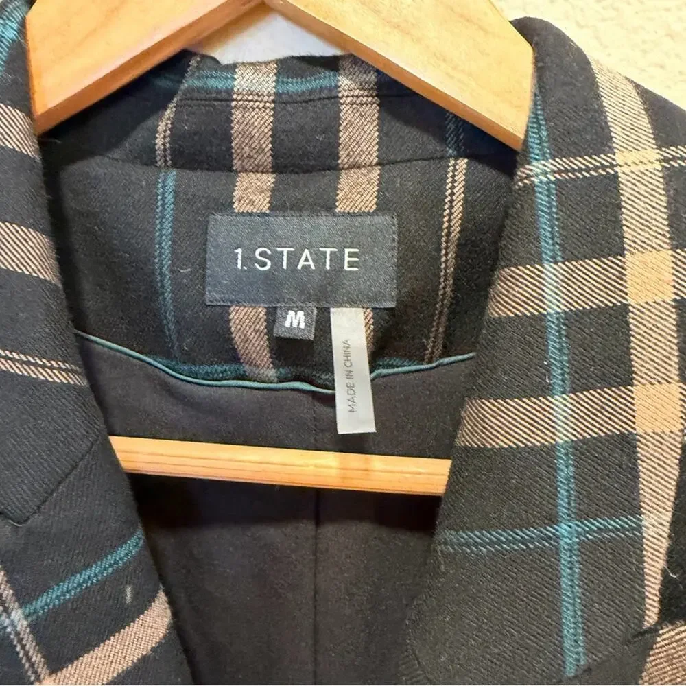 1. State Black Plaid Open Front Blazer Jacket Medium